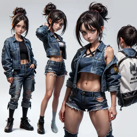 A girl fighter wearing streetwear like loose crop top,  oversized denim jacket, and cargo pants, her hair tied up in a messy bun.  She must be in a fighting pose. Character Sheet, 12 yo student, Full body, Simple white background, front pose character refe...