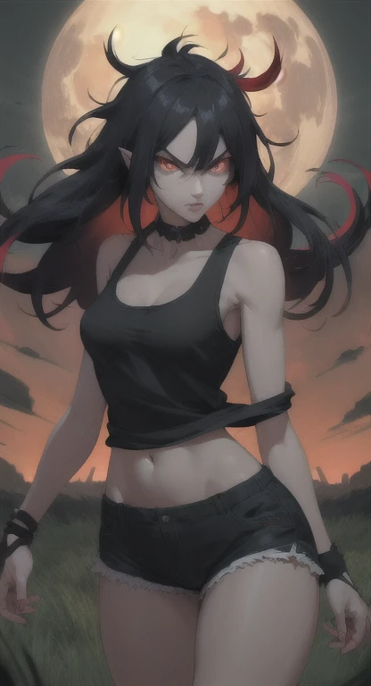 Glowing red eyes, malicious world eater, messy hair, glaring at viewer, field, tank top, shorts, 