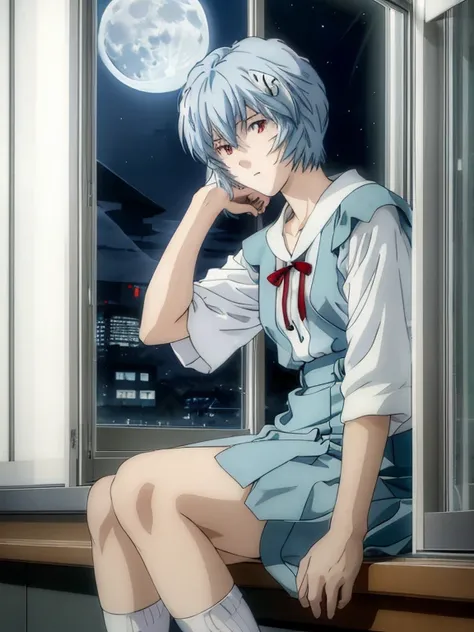 Rei Ayanami, Bluish silver short hair, (One hand on cheek, Large windows, Open window, Leaning on the window frame, One foot on the window sill), Tokyo-3 middle school uniform, black socks, ((Moon Background, The moon looks big, Gazing at the Moon, Night, ...