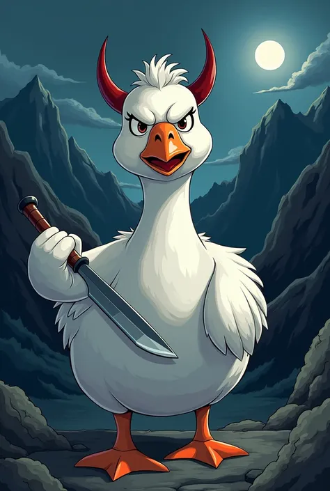 Serious Japanese style cartoon goose with knife, devil horns on head against mountains in the dark 