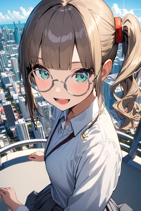 (extremely detailed fine touch:1.3), girl, solo, alone, 2.5d, (((silver semi-rimless round eyewear:1.3))), side ponytail, smooth hair, blunt bangs, open mouth, smile, collared shirt, white shirt, school uniform, light brown cardigan, gray pleated skirt, pe...