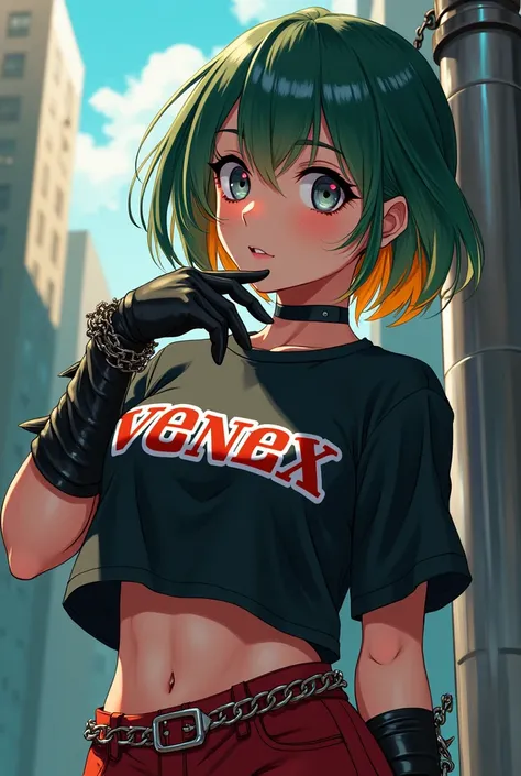 A half anime female character,with short hair with green and ginger streaks, with a shirt that says venex RG Red short, and chains on the waist with black gloves and chains on the hand and gray eyes with a pose, and with a model&#39;s body and looking up
