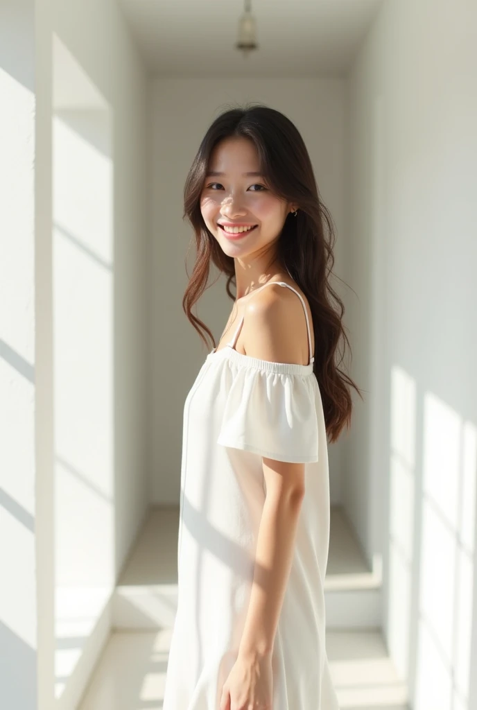 brunette, smile, normal chest, skinny face, white wall, no decoration, in summer white dress, looking at camera smiling, standing in white hallway