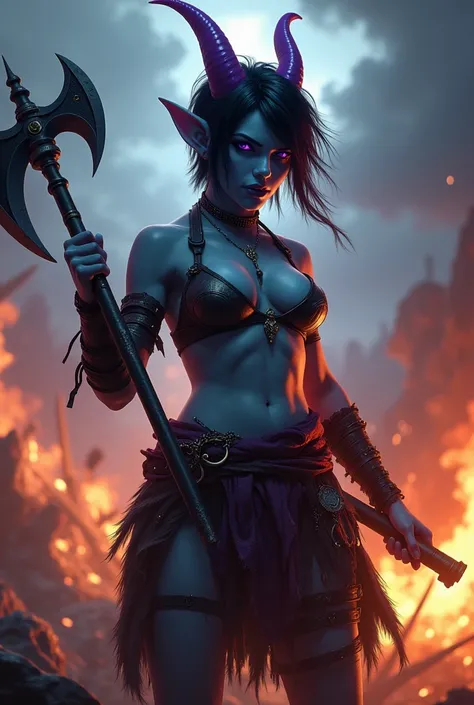 Destiny, the light blue Tiefling from Dungeons and Dragons, best quality, ultra-detailed CG unity 8k wallpaper, raging, high resolution, dynamic pose, beautiful face, 2 demon horns (Purple and black eyes:1.2, black and purple hair:1.3, pixie cut hair, ragg...