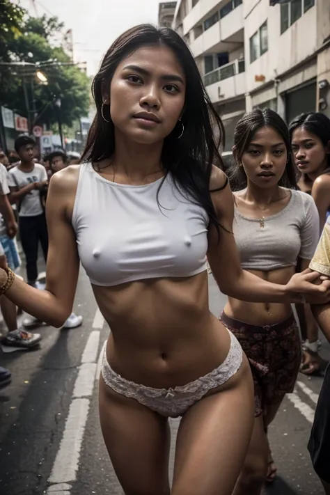 A riot peoples revolution in Indonesian, a young sweet beautiful Indonesian girl, twenty two years old, slim body, glamor and rich girl, crying out being pulled and draging down brutaly by some peoples to the street court, she got many  punishment by the p...