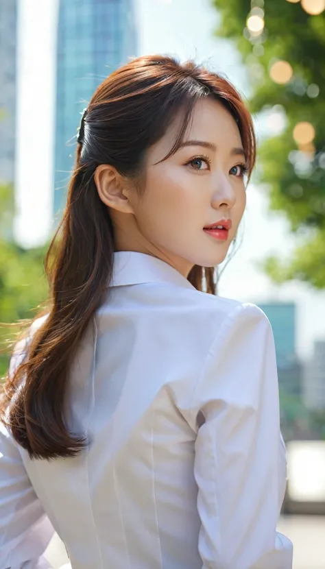 close-up of beautiful korean female, 34 inch breasts size, wearing office uniform, back shot, from below, standing and looking at the viewer, outdoor background, bokeh background, UHD