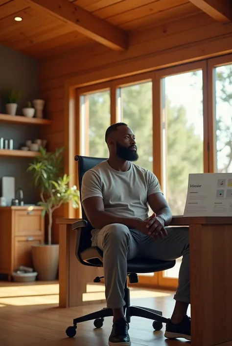 Create a 30 year old black man well built in a wooden modern house seating on a office chair looking outside the window with community plan chat on a wooden office table with a outdoor setup of a kitchen vivid on his background with a light coming in the h...