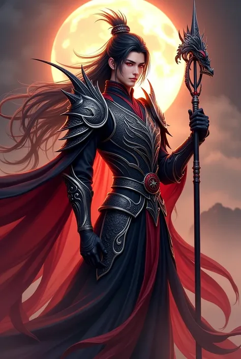 Handsome young  xianxia protagonist,Chinese handsome,clear face detailed,perfect lighting,guy,man,long black obsidian hair, dark Phoenix crown,Crimson red eyes combination ,and long black tint hair,and the golden rune motiv  engraved on his forehead,use ar...