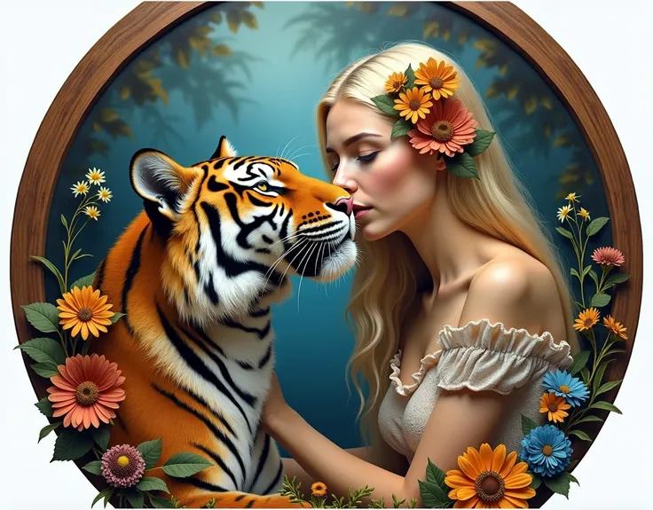 Impasto Painting of Bust of a Woman with Glistening Flowers and Flowing Blond Hair Engaged with a Tiger, in the style of Kerem Beyit Wilderness, Tondo Rustic Woodgrain Bentwood, Romanticized Dreamscape Portraiture, Light Blues and Silver Ambers, 32k uhd Wo...