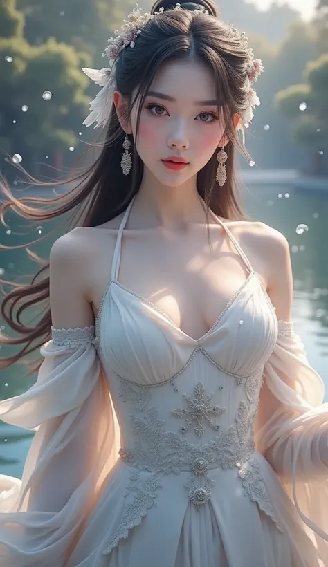 a close up of a woman in a dress near a body of water, ethereal beauty, white hanfu, ao dai, palace ， a girl in hanfu, cheongsam, wearing a luxurious silk cloak, a stunning young ethereal figure, wearing beautiful clothes, beautiful goddess, detailed dress...