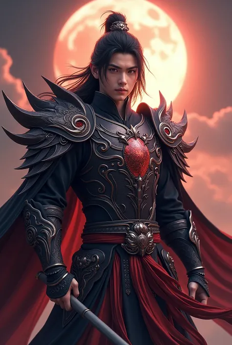 Handsome young  xianxia protagonist,Chinese handsome,clear face detailed,perfect lighting,guy,man,long black obsidian hair, dark Phoenix crown,Crimson red eyes combination ,and long black tint hair,and the golden rune motiv  engraved on his forehead,use ar...