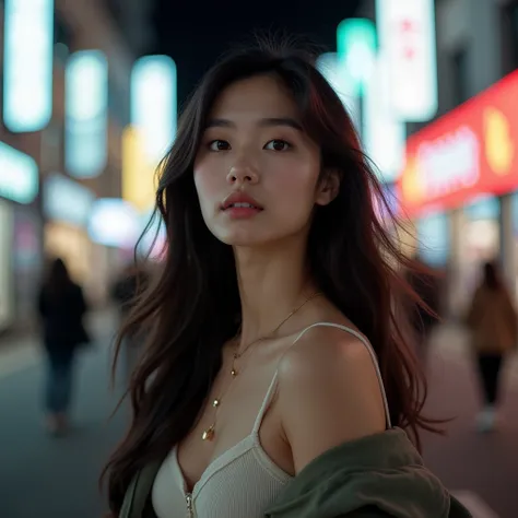 "A slightly elevated photo of a mid-20s young Korean woman, a model with long hair, wearing makeup and casual clothes, focusing on her upper body. The background features a blurred street night scene, highlighting her beauty."