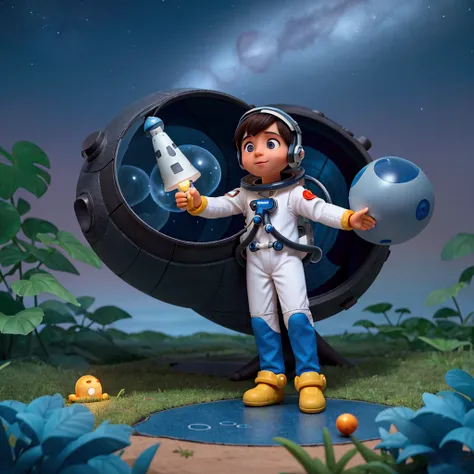 Once upon a time, on a distant planet called Estelândia, a little astronaut named Leo. He dreamed of exploring space and discovering new worlds.. One day, while exploring his backyard, Leo found an abandoned rocket, covered in stardust. With bright eyes an...