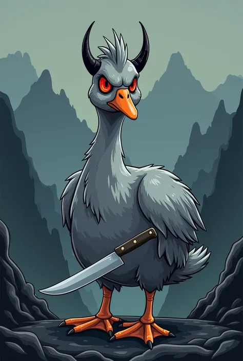 Cartoon Japanese style grey goose with knife, devil horns on head against mountains in the dark 