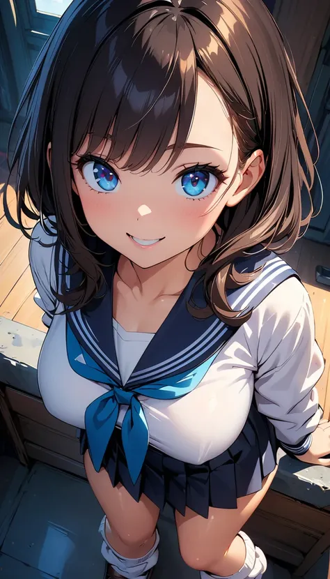 (Highest quality:1.2, 4K, 8k, Studio Anime, Very detailed, up to date, Vibrant, Attention to detail, High Contrast, masterpiece:1.2, Highest quality, Best aesthetics), (((1 girl))), Sit and pose, ＪＫ, Sailor suit, Pleated skirt, loose socks, loafers, Open y...