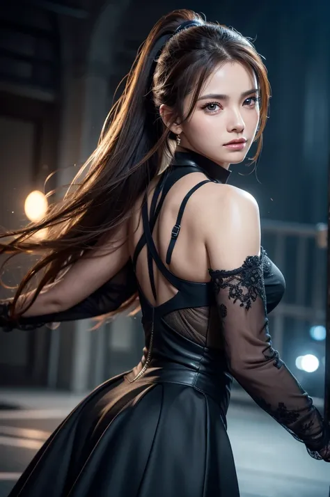 Close-up of a woman with a ponytail and a black dress, dynamic pose, (masterpiece, .CGI:1.4),(8K raw photo, best quality, masterpiece:1.2) super detailed official art,photorealistic:1.37, (outstanding, professional), masterpiece, best quality, ultra detail...