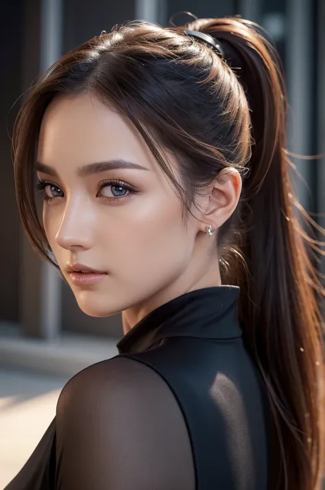 Close-up of a woman with a ponytail and a black dress, dynamic pose, (masterpiece, .CGI:1.4),(8K raw photo, best quality, masterpiece:1.2) super detailed official art,photorealistic:1.37, (outstanding, professional), masterpiece, best quality, ultra detail...