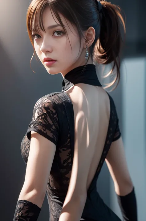 Close-up of a woman with a ponytail and a black dress, dynamic pose, (masterpiece, .CGI:1.4),(8K raw photo, best quality, masterpiece:1.2) super detailed official art,photorealistic:1.37, (outstanding, professional), masterpiece, best quality, ultra detail...