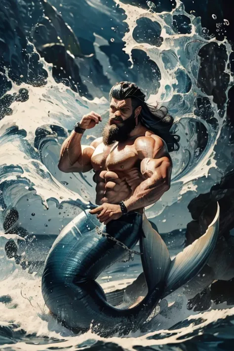 muscle male dominant mermaid, merman, domination merman, domination, realistic HD quality, muscles, blue mermaid tail, black short beard, black long hair, handsome face, flying from water, fly, splash in water,  splash, sea, rocks, water, summon tsunami, s...