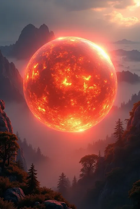 detailed red glowing fiery sphere,beautiful detailed cinematic landscape,dramatic lighting,volumetric lighting,dynamic composition,highly detailed,intricate details,photorealistic,studio lighting,64bit,masterpiece,concept art