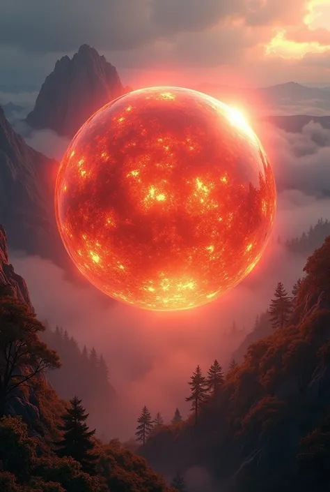 detailed red glowing fiery sphere,beautiful detailed cinematic landscape,dramatic lighting,volumetric lighting,dynamic composition,highly detailed,intricate details,photorealistic,studio lighting,64bit,masterpiece,concept art