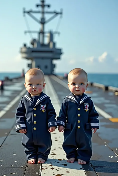 Two newborns dressed in Navy uniforms stand guard on an aircraft carrier as real as real life.