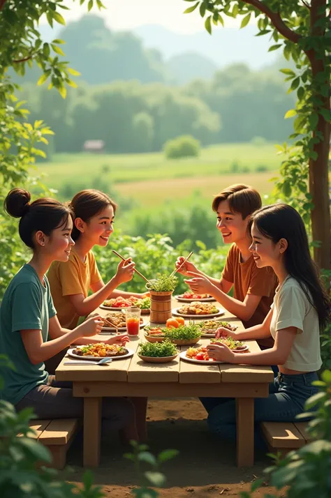 A picture of a sustainably cultivated field, or a group of young people sharing a balanced meal prepared with local products.