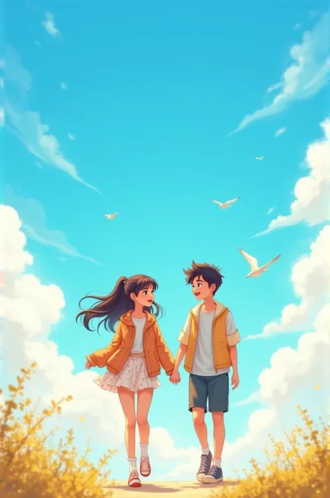 - A scenic illustration of Sochool and Jaden walking hand-in-hand or side-by-side, with a bright blue sky, fluffy clouds, and a few birds flying overhead.