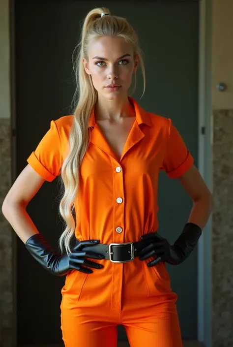 Frontal photograph of a beautiful young model with long a blonde medium length pulled back ponytail hair wearing a sexy synthetic orange prisoner jumpsuit, inmate jumpsuit, button-up, sexy view, hands holding her hips sideway, hands at her sides, wearing a...