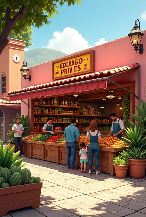 Commercial premises selling fruits and vegetables INSIDE A market with dimensions of 6x4 meters, Modern Mexican style with pink quarry facade in light colors with inclined front overhang of annealed red clay tiles, in front of the premises, staff inviting ...