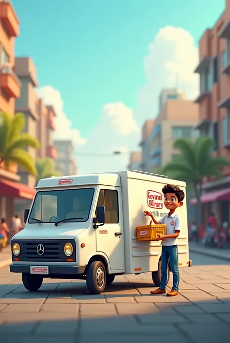 Govind Dairy  branding 
milk van with delivery boy 