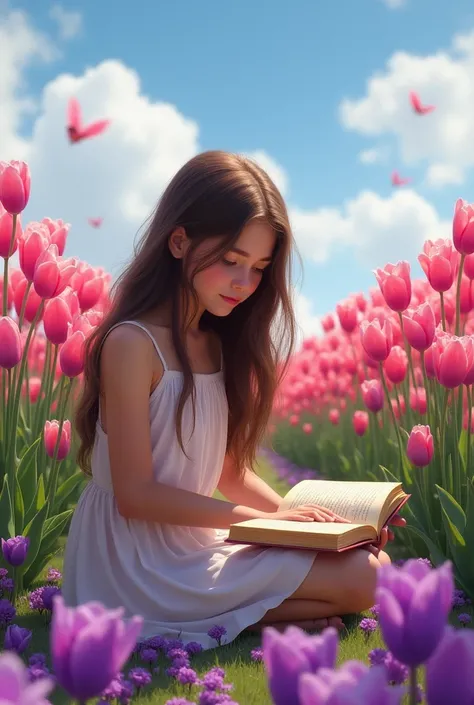 A brunette girl posing in a field of purple and pink tulips. 
reading a book