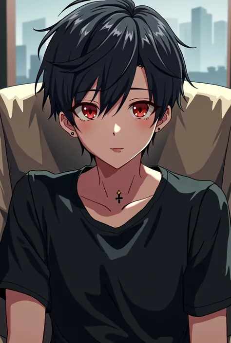 Anime boy sitting on a chair, wearing black t shirt, red eyes, black hair, tattoo on neck, white skin, gentle smile