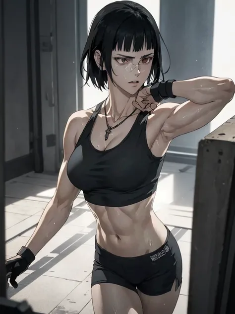 (best quality,ultra-detailed,realistic:1.37),1 girl, musclaur badass girl with sculpted body with preview her musclaur body and six-pack, full review of the female characters face and body, strong and confident posture, studio lighting, vivid colors, physi...