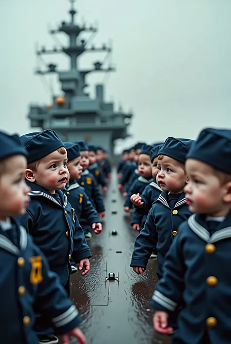 A group of newborns wearing navy uniforms and sailor hats are lined up in two rows with their weapons on an aircraft carrier. Realistic like real life.