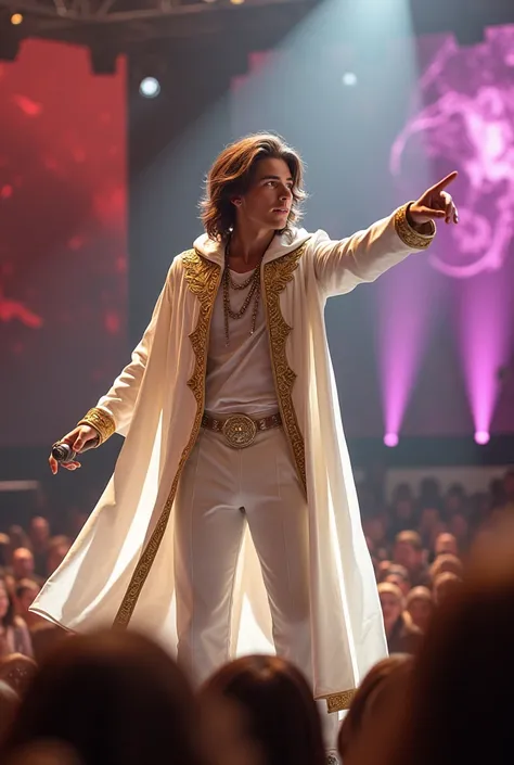 artwork best quality handsome american male teenager long brown hair light skin with white cape and hooded coat on head with gold details white long sleeve shirt and white pants underneath intricate details singing holding a microphone seen from afar point...