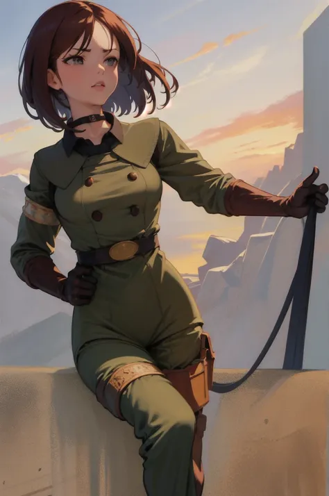 (masterpiece, best quality, high resolution, unity 8k wallpaper, extremely detailed CG:1), (illustration:1.0), 1girl,solo,  whipms, gloves, uniform, military, military uniform,belt, choker, pants, 