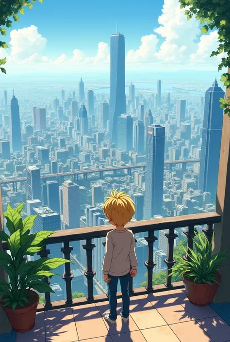 A blond boy on a terrace overlooking a city. 
