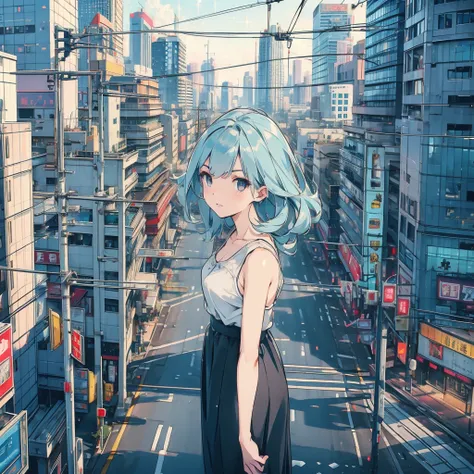 Upper Body, 1 female, Highest quality, 8k, The wind is blowing,White camisole, sunset, Future City, Skyscraper, Power lines, pedestrian crossing, sign, Railway tracks, station, (((Sparkling eyes))), (((mysterious))), Light blue hair, Detailed Hair, Complex...