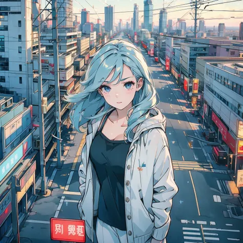 Upper Body, 1 female, Highest quality, 8k, The wind is blowing,White camisole, sunset, Future City, Skyscraper, Power lines, pedestrian crossing, sign, Railway tracks, station, (((Sparkling eyes))), (((mysterious))), Light blue hair, Detailed Hair, Complex...