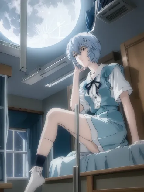 Rei Ayanami, Bluish silver short hair, (One hand on cheek, Large windows, Open window, Leaning on the window frame, One foot on the window sill), Tokyo-3 middle school uniform, black socks, ((Moon Background, The moon looks big, Gazing at the Moon, ((Night...