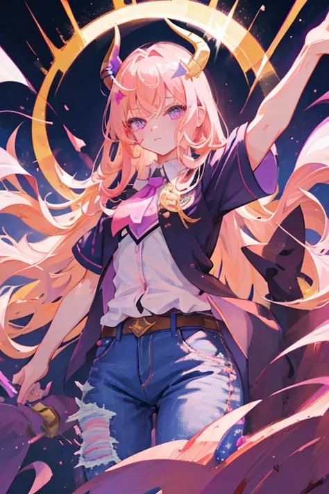 Girl power of darkness . Golden hair. purple eyes. Bunny brooch like from star child. Horns pink fuchsia.long eyelashes. Short shirt with short sleeves. Wide jeans . Tie pink