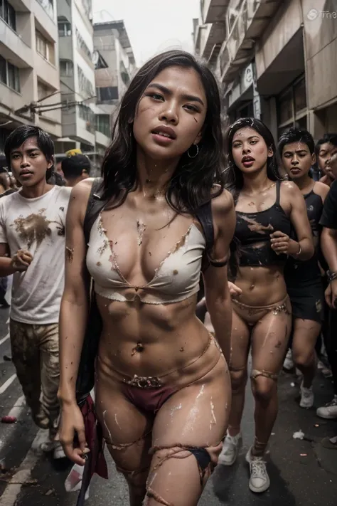 A riot peoples revolution in Indonesian, a young sweet beautiful Indonesian georgeus girl, twenty two years old, slim body, glamor and rich girl, crying out being pulled and draging down brutaly by some peoples to the street court, very messy hairs, ssome ...