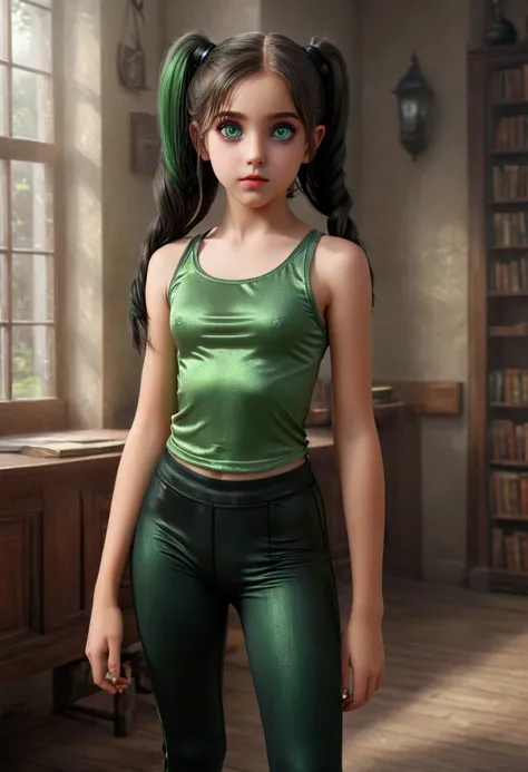 A young girl with long black twin tails,severus snapes daughter, 11year old , big green eyes, wearing a short loose tank top and shiny leggings, photo-realistic, 8k, hyper detailed, ray tracing, HDR, cinematic lighting, fantasy portrait, elegant, beautiful...