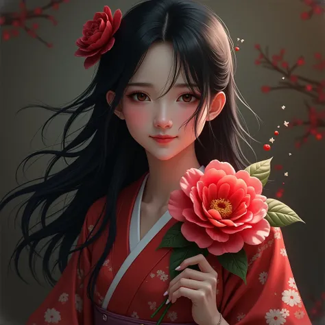 One Girl, High resolution,alone, One Girl, High resolution, Long Hair, smile, Personification of camellia、Black Hair、kimono、Bright red camellia、dim、High resolution, masterpiece, Highest quality, Anatomically correct, detail, 高いdetail, Very detailed, Abstra...