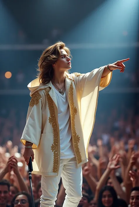 artwork best quality handsome american male teenager long brown hair light skin with white cape and hooded coat on head with gold details white long sleeve shirt and white pants underneath intricate details singing holding a microphone seen from afar point...