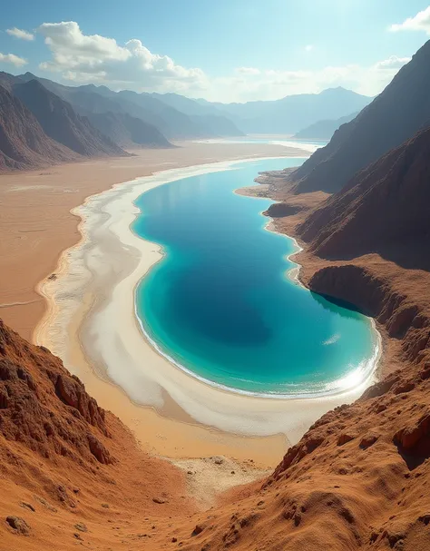  Scene of an arid desert landscape that transforms into an aerial view of the Dead Sea. A highly detailed, crystal-clear image]