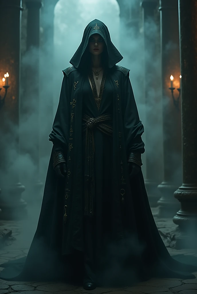 In the dimly lit chamber, a chic Cimmerian necromancer stands amidst swirling shadows, their attire a stylish mix of dark fabrics and intricate patterns. This captivating image is a haunting photograph that captures the necromancers mysterious aura in soft...