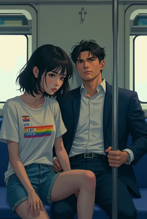 Anime Art, Sad 20 year old woman wearing LGBT shirt、Handsome muscular man in suit sitting splayed out on the subway