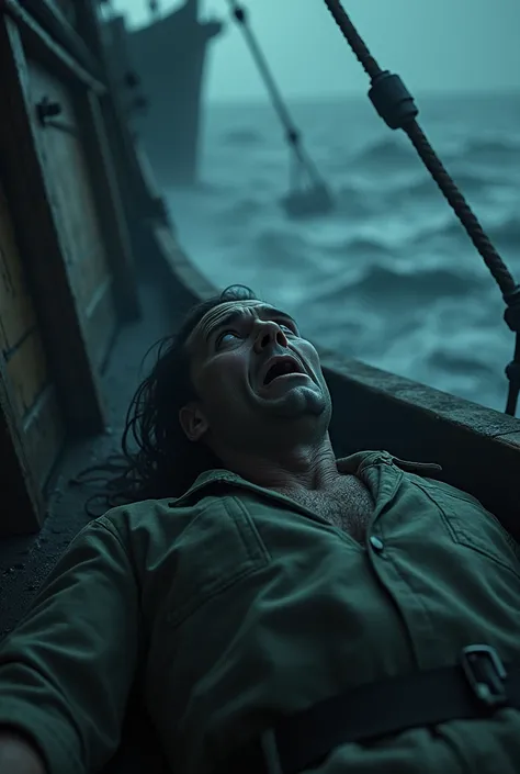 Dead crew member with a terrified face with no injuries in a old ship with a night misty background and a big ocean waves 